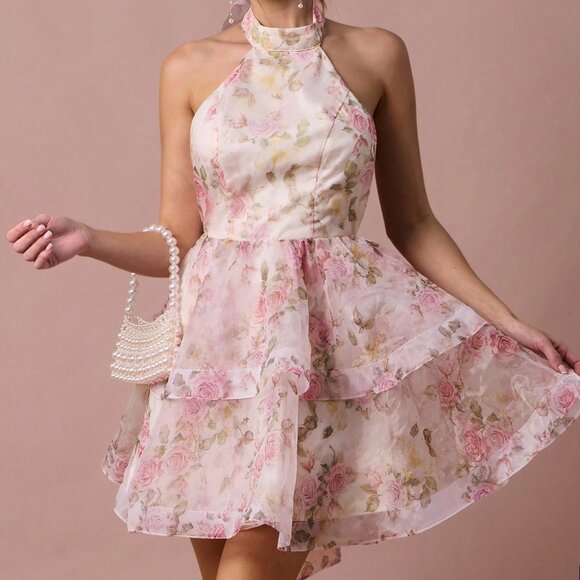 White Boho Women's Romantic Rose Print Dress - Picture 3 of 7